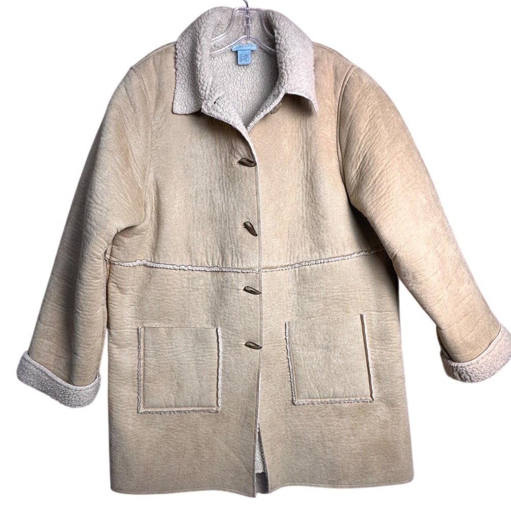 Sigrid Olsen Faux Suede Sherpa Lined Coat Jacket Tan Sz L Y2K Patch Pockets Boho